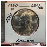 1950-D WASHINGTON SILVER QUARTER UNC