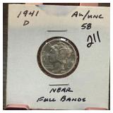 1941-D MERCURY SILVER DIME NEAR FULL BANDS