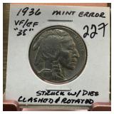 1936 BUFFALO NICKEL STRUCK W CLASHED & ROTATED DIE