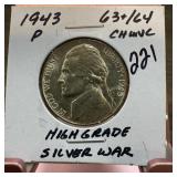1943-P JEFFERSON SILVER WAR NICKEL HIGH GRADE
