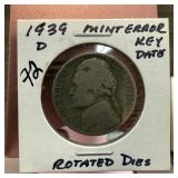 1939-D JEFFERSON NICKEL KEY DATE ERROR ROT DIE