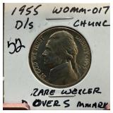 1955-D/S JEFFERSON NICKEL WOMM-017 D OVER S