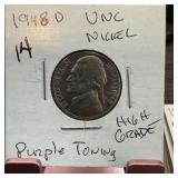 1948-D JEFFERSON NICKEL HIGH GRADE PURPLE TONING