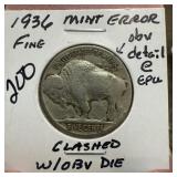 1936  BUFFALO NICKEL CLASHED OBV DIE