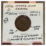 1926-D WHEAT PENNY CENT MULTIPLE ERROR COIN NO VDB
