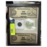 FRAMED WWII 10 PESOS EMERGENCY CURRENCY TOKENS ++