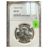 1962-D NGC GRADED MS64 FRANKLIN SILVER HALF DOLLAR