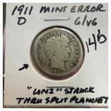 1911-D BARBER SILVER DIME UNI STRUCK THROUGH PLAN