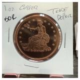 1 OZ .999 COPPER BULLION ROUND TRADE DOLLAR