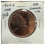 1 OZ .999 COPPER BULLION ROUND 1909-S VDB