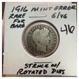 1916 BARBER SILVER DIME RARE STRUCK W ROTATED DIES