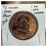 1 OZ .999 COPPER BULLION ROUND $5 SILVER CERT