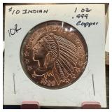 1 OZ .999 COPPER BULLION ROUND $10 INDIAN