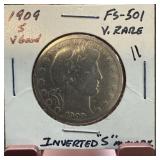 1909-S BARBER SILVER HALF DOLLAR INVERTED S