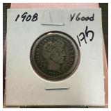 1908 BARBER SILVER DIME