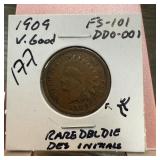 1909 INDIAN HEAD PENNY CENT DOUBLE DIE
