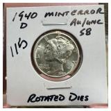 1940-S MERCURY SILVER DIME ROTATED DIES BETTER GD