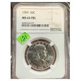 1959 NGC GRADED MS64 FBL FRANKLIN SILVER HALF DOLL