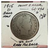 1915-D BARBER SILVER HALF DOLLAR STRAIGHT CLIP