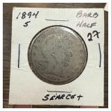1894 BARBER SILVER HALF DOLLAR SCARCE