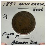 1897 INDIAN HEAD PENNY CENT BROKEN DIE FILLED 9