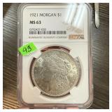 1921 MORGAN MS63 NGC GRADED SILVER DOLLAR