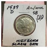 1939-D MERCURY SILVER DIME HIGH GRADE SC DATE