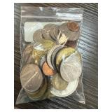 BAG OF FOREIGN COINS TOKENS ETC