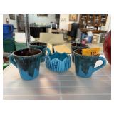 4PC MATCHED CERAMIC MID CENTURY MUGS / LOTUS BOWL