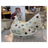 POLKA DOT CERAMIC CHICKEN LIDDED COVER SERVER