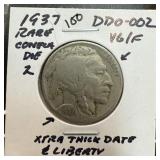 1937 BUFFALO NICKEL DDO-002 XTRA THICK