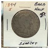 1894-S BARBER SILVER HALF DOLLAR SCARCE