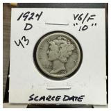 1924-D MERCURY SILVER DIME SCARCE DATE