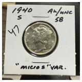 1940-S MERCURY SILVER DIME MICRO S VARIETY