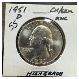 1951-D WASHINGTON SILVER QUARTER UNC HIGH GRADE