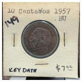 1957 KEY DATE MEXICO 10 CENTAVOS