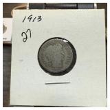 1913 BARBER SILVER DIME