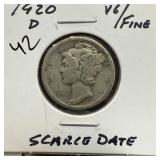 1920-D MERCURY SILVER DIME SCARCE DATE
