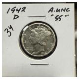 1942-D MERCURY SILVER DIME AU