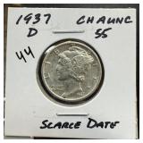 1937-D MERCURY SILVER DIME SCARCE DATE BETTER
