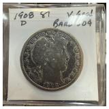 1908-D BARBER SILVER HALF DOLLAR