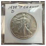 1939-D WALKING LIBERTY SILVER HALF DOLLAR HIGH GD