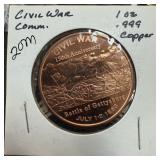 1 OZ COPPER BULLION ROUND CIVIL WAR COMMEM