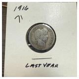 1916 BARBER SILVER DIME