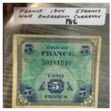 1944 5 FRANCS WWII EMERGENCY CURRENCY NOTE