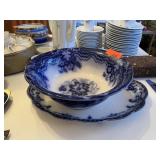 LARGE ANTIQUE FLOW BLUE BOWL AND PLATTER