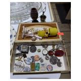 CIGAR BOX W BIT OF MINIATURES PINS ETC