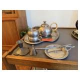 VTG K.MD. PEWTER TEAPOT SET W ADTL CANDLE ITEMS