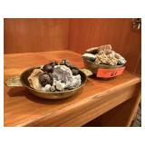 2PC BRASS BOWLS W MIXED ROCK SPECIMENS SIMILAR