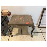 ANTIQUE IRON FOOTED / FOOT STOOL / EMBROIDERED
